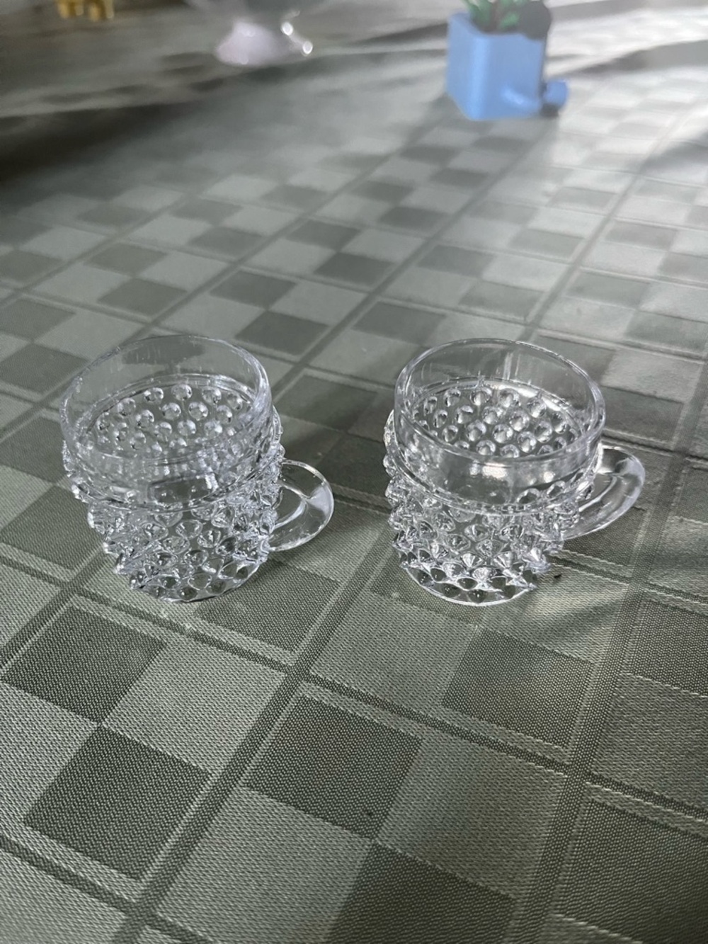 Old but perfect Hobnail miniature mugs 2". Antique pressed glass.